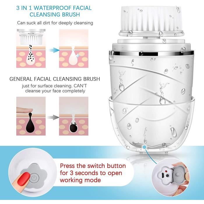 Brosse Nettoyante Visage - 3 en 1 - Étanche - Rechargeable USB - 2 Vitesses - 3 Têtes Incluses