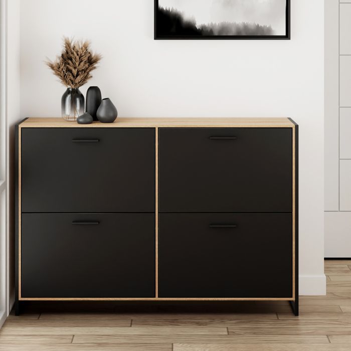CASABEL Meuble de Rangement à Chaussure Industriel 24 Paires - Double compartiment, Entrée - Portes Noires Cadre Bois Clair