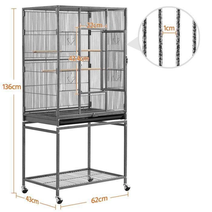 Jaula grande para pájaros Yaheetech con soporte con ruedas, jaula para loros, 65,5 x 42,5 x 136,5 cm