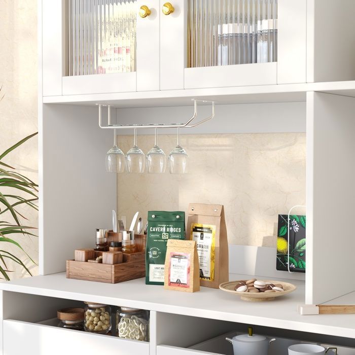 Aparador alto de cocina de 145 x 39 x 171 cm con cajones, puertas, botellero y estantes. Ideal para comedor y cocina. Color blanco.