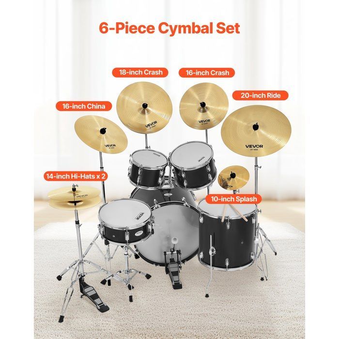 Juego de platillos VEVOR: Hi-Hat de 355 mm, Crash de 400 mm y 455 mm, Ride de 505 mm, Splash de 254 mm - Juego de 6