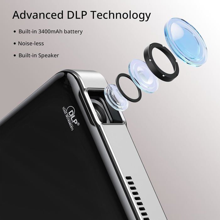Proyector mini DLP TRAHOO Y200 - Full HD 1080P - Tecnología DLP - Silencioso - Portátil - 9,8 x 9,8 x 2,15 cm