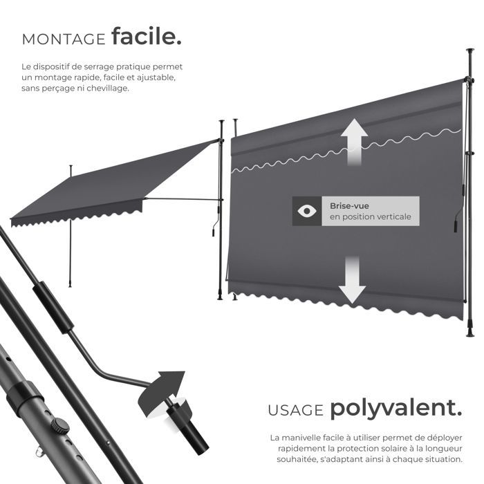 Store banne de jardin - TECTAKE - Store à pince sans perçage avec manivelle réglable en hauteur - Noir/Gris - 400 x 180 cm