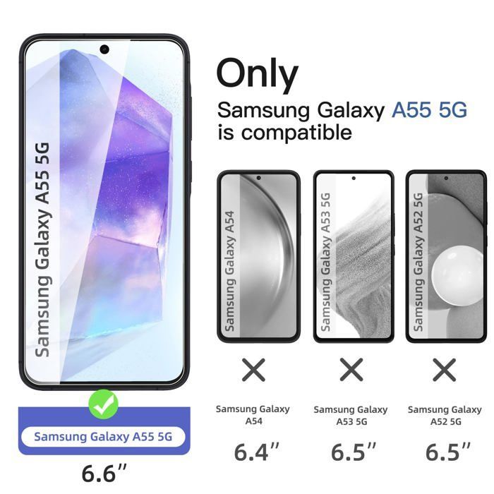 Pacote com 3 películas de vidro temperado para Samsung Galaxy A55 5G, proteção eficaz contra arranhões e sem bolhas.