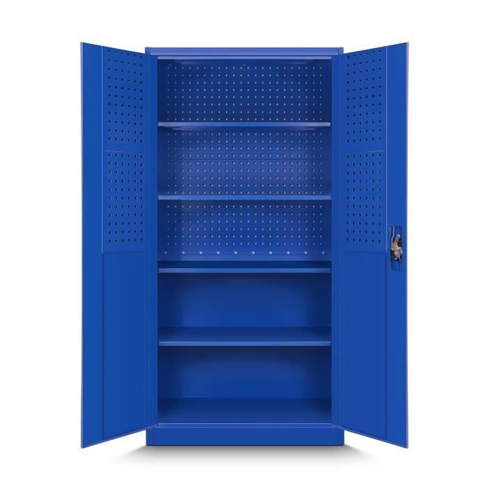 TC01A Werkzeugschrank, Werkstattschrank aus Metall, Lochwand, 4 Regalböden, Flügeltüren, Stahlblech, 185 x 92 x 50 cm (Blau)