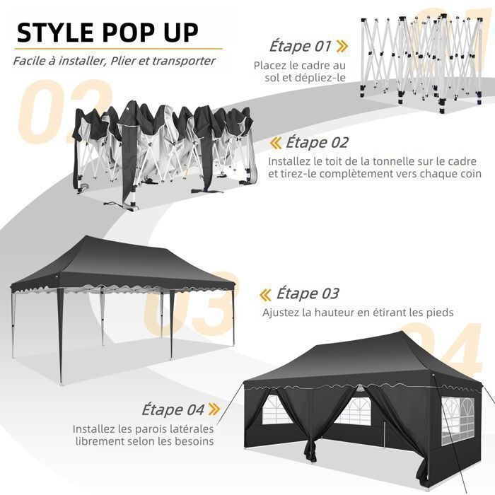 Gazebo/Padiglione da giardino pieghevole 3x6, impermeabile, con 6 lati, ideale per feste, giardini, festival, mercati e matrimoni - Nero