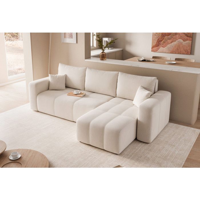 Canapé d'angle Réversible PEDRO - 4 places - Canape Convertible avec Coffre - Tissu Velours - Crème