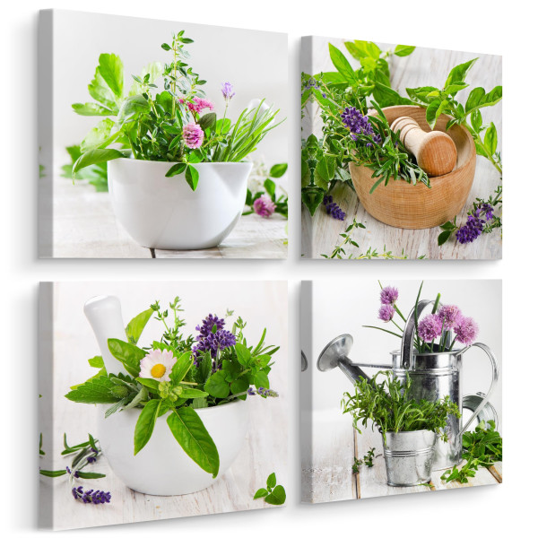 Obrazy Do Kuchni SET Świeże Zioła W Moździerzu 60x60cm