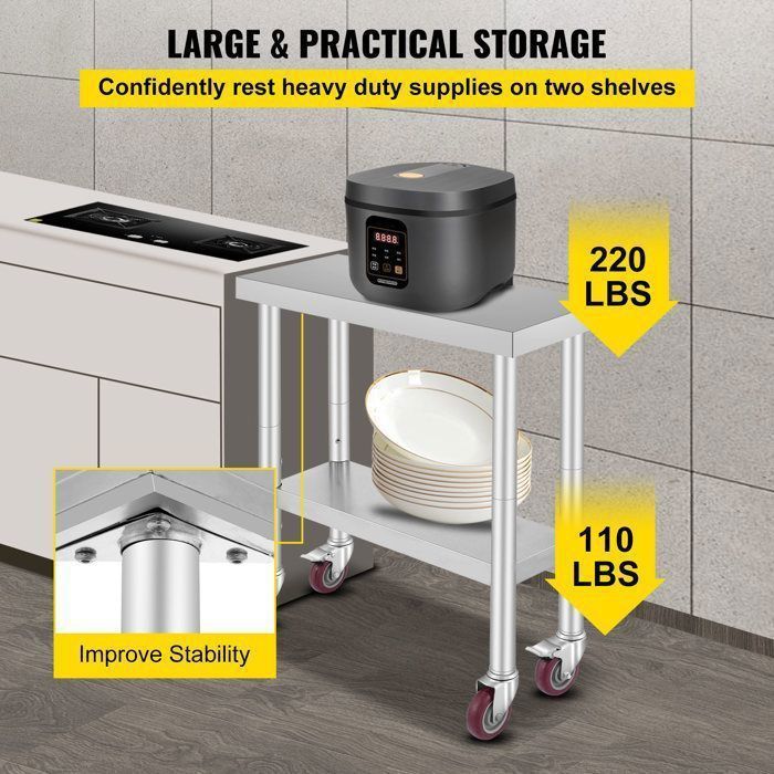 Mesa de trabajo de cocina - DUOKU - Mesa de preparación - Acero inoxidable - 4 ruedas - 3 niveles ajustables