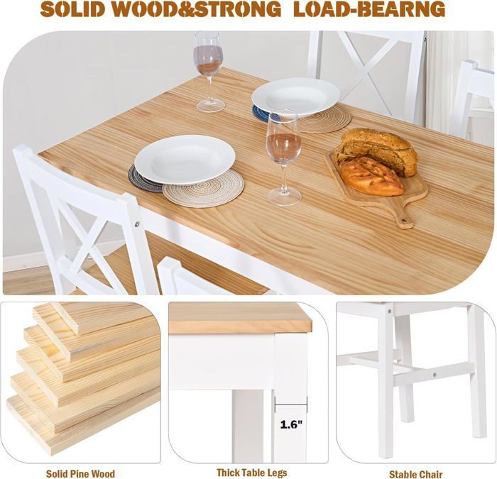 SogesHome eettafelset met 4 stoelen van MDF-hout, eenvoudig ontwerp voor de eetkamer, wit teak