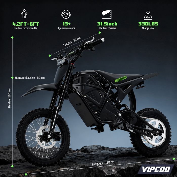 Moto Electrique 3500W Adulte VIPCOO H3 Moteur Central Frein à Disque hydraulique Double Suspension Noir