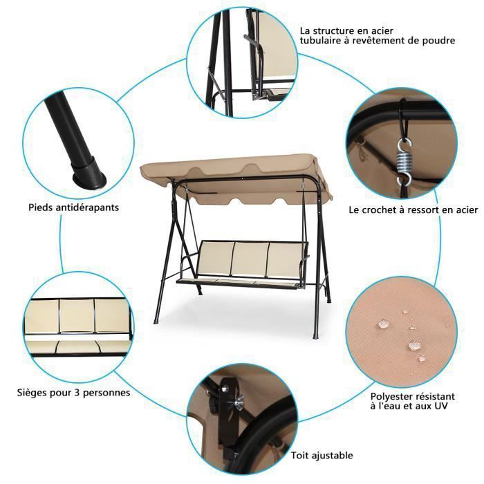Altalena da giardino a 3 posti COSTWAY in poliestere e acciaio con tettuccio regolabile resistente ai raggi UV per balcone e terrazzo, 170 x 110 x 150 cm.