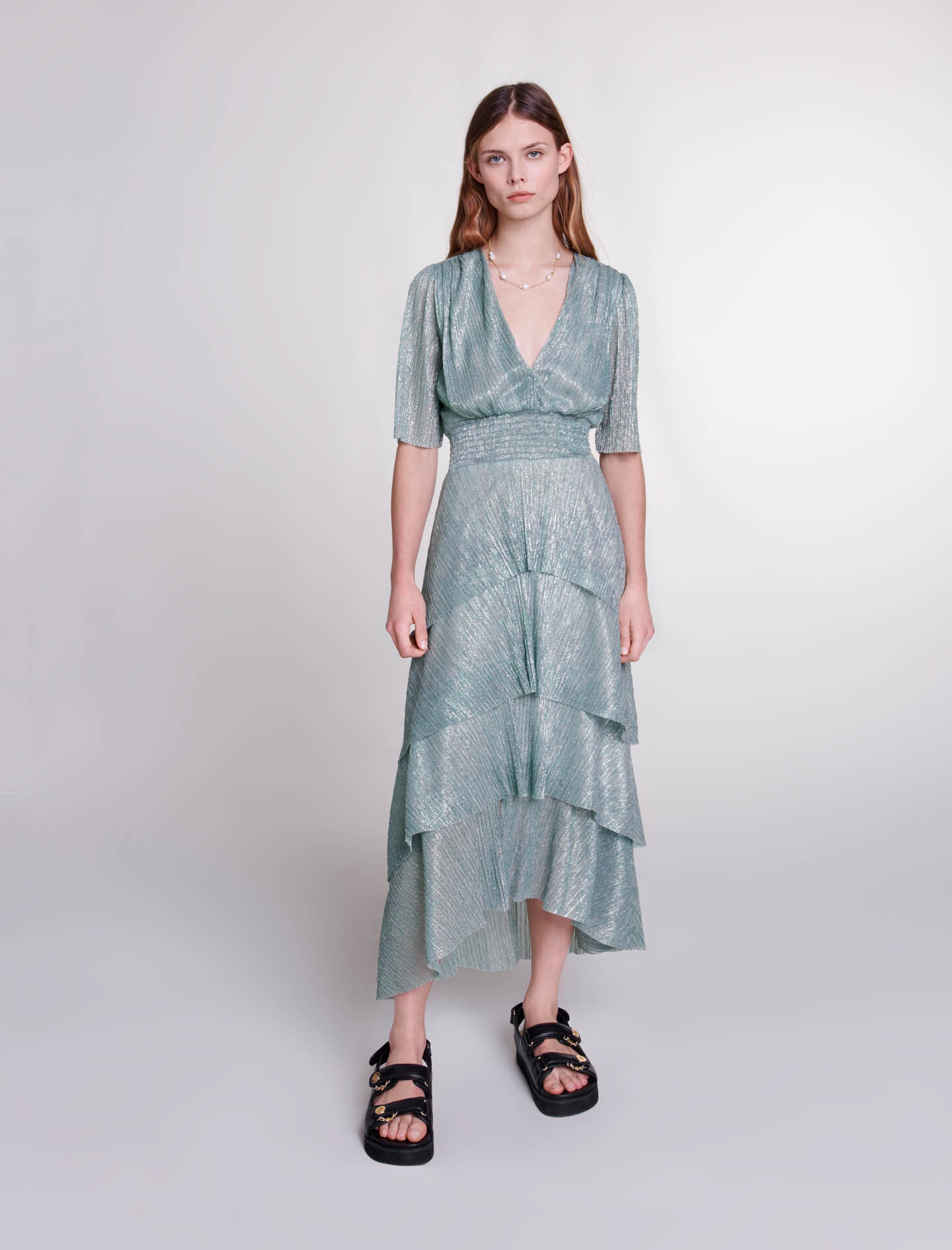 Jurk met elastische lurex ruches - VERT ARGENTE
