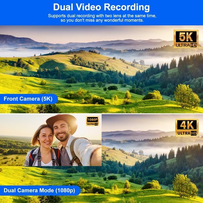 Filmadora UHD 4K+1080P com lente dupla frontal e traseira de 56MP, Wi-Fi e microfone.
