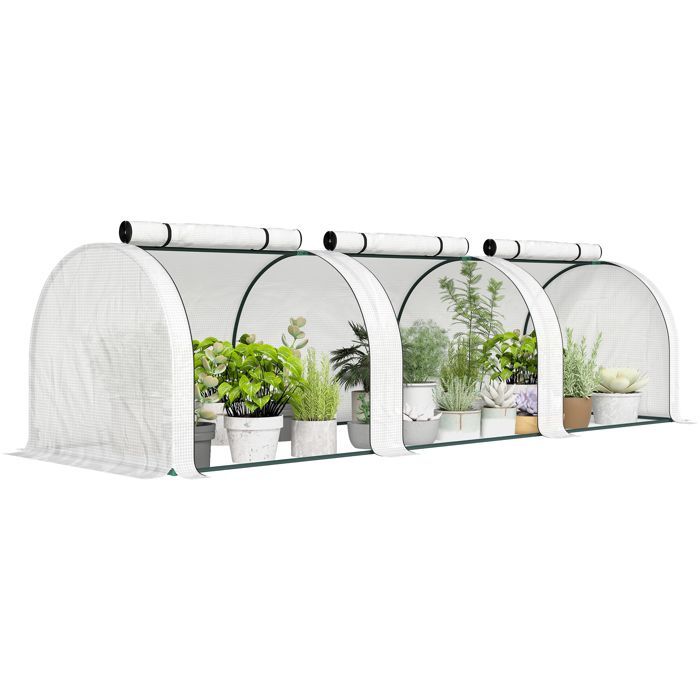 Mini invernadero tipo túnel - Outsunny - 3 x 1 x 0,8 m - Acero PE de alta densidad 140 g/m² - 3 puertas enrollables - Blanco