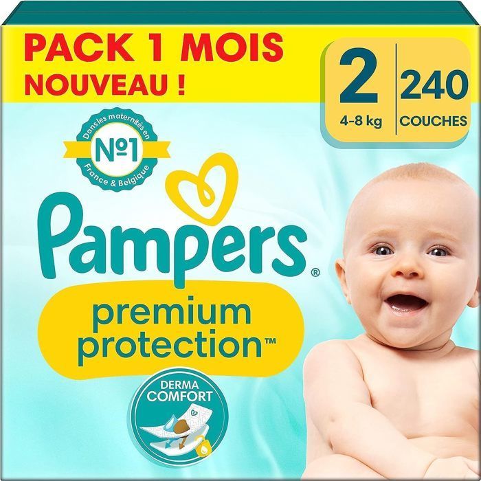 Pampers Couches Premium Protection Taille 2 (4-8 kg), 240 Couches Bébé, Pack 1 Mois, Couches N°1 Pour La Protection Peaux Sensibles