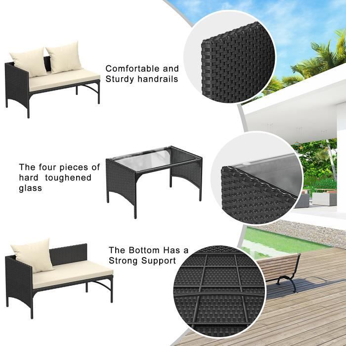 Canapé de jardin | Salon de jardin en imitation résine tressée | avec coussins et table basse | 4 personnes | Noir