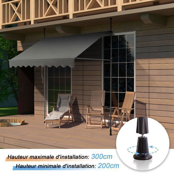 Toldo retráctil gris de 3 m, persiana manual para balcón, no requiere perforación, con parasol de altura ajustable para terraza.