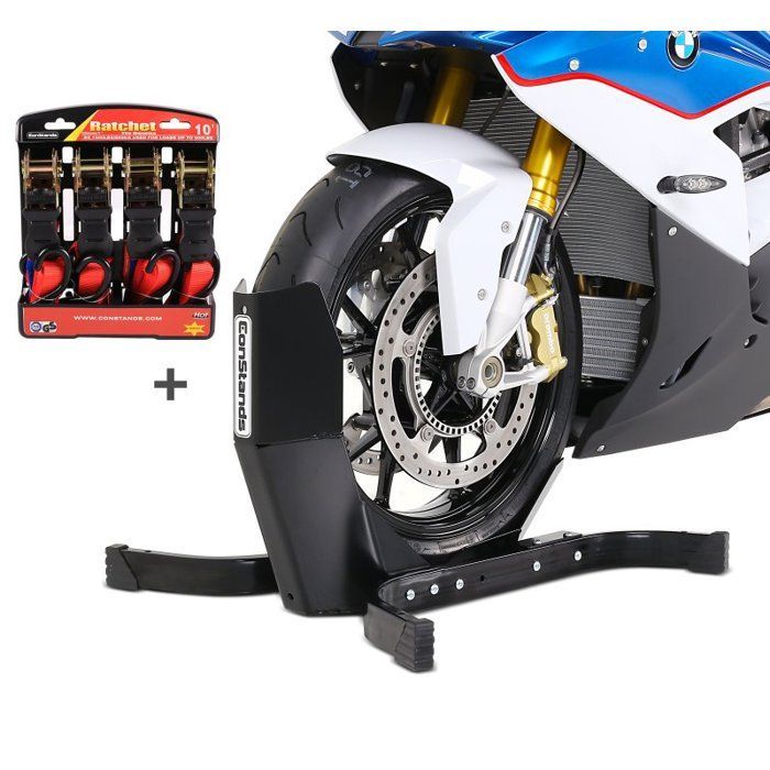 Rampa de carga de aluminio, máx. 340 kg, plegable + Juego de calzos para rueda delantera de motocicleta. Correas de trinquete Easy Plus.