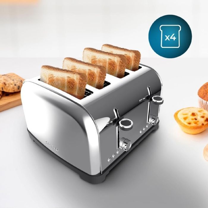Tostadora vertical Cecotec, 4 ranuras cortas, Toastin' Time 1700, doble, acero inoxidable. 1700 W, 4 rebanadas de pan.