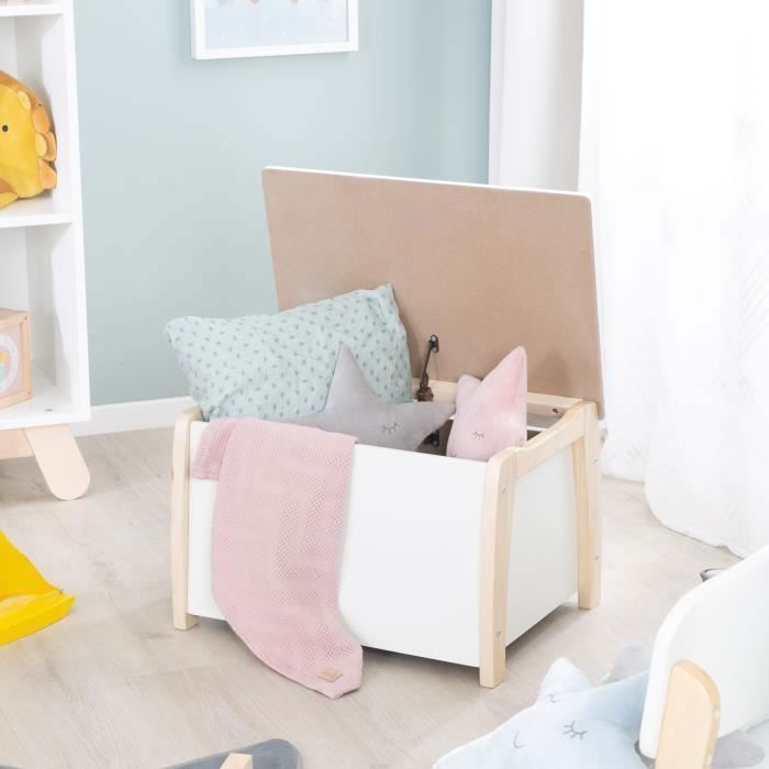 Banco de madeira ROBA para guardar brinquedos infantis - Fechamento suave - Branco/Aparência de madeira