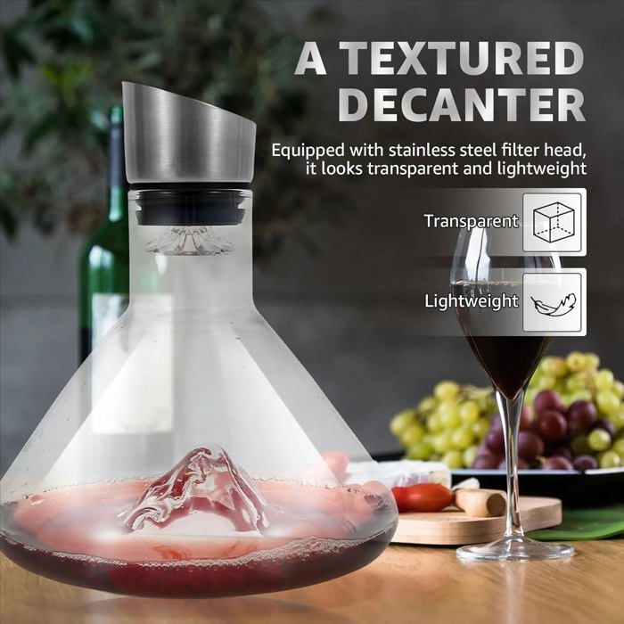 Decantador de vino tinto de cristal con cascada - Decantador de 1,5 L con aireador y filtro incorporados - Regalo ideal