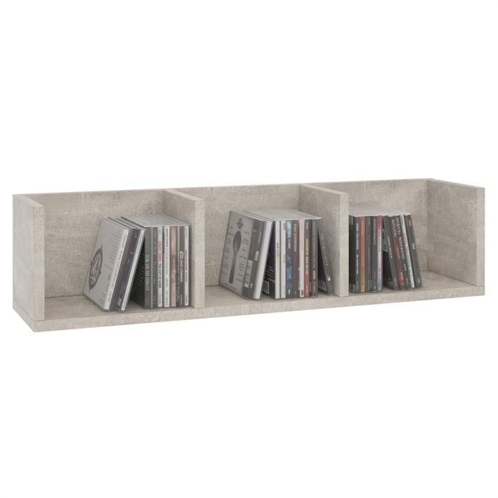 Estantería de pared NELLO, unidad de almacenamiento para CDs y DVDs u objetos decorativos con 3 compartimentos abiertos, en melamina efecto hormigón.