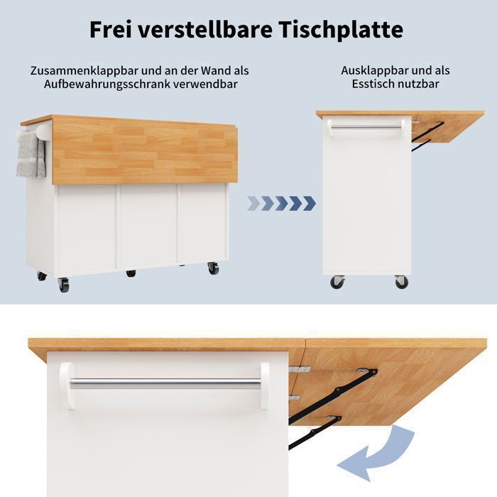 Carrito de cocina - TKOPY - Isla de cocina rodante con 8 cajones y especiero - 122x74,5x91,5cm - Blanco