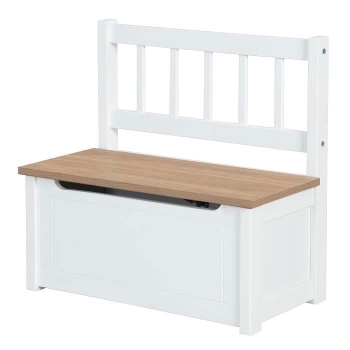 ROBA Banc Coffre à Jouets Woody pour Enfant - Meuble de Rangement en Bois 2 en 1 - Fermeture Douce - Blanc / Aspect Bois