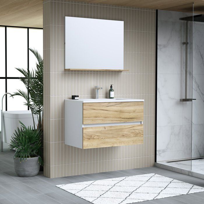 Mueble de baño con lavabo, de madera, 80 x 45 x 50 cm (ancho x profundidad x alto) y espejo - MONZA