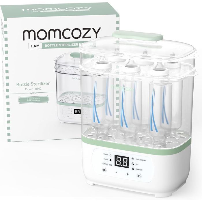 Momcozy 2-in-1 sterilizer-dryer, compact multifunction for baby bottles and breast pump.