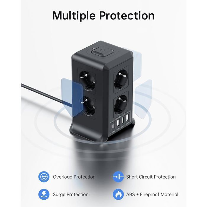 Regleta USB con protección contra sobretensiones, 8 tomas de corriente + 4 puertos USB, protección contra sobretensiones/rayos, cable de 2 metros.