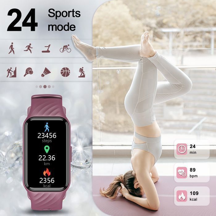 Smartwatch da donna Blackview con funzione sportiva, cardiofrequenzimetro, SpO2, 24 modalità sportive e 2 cinturini per iPhone e Android.
