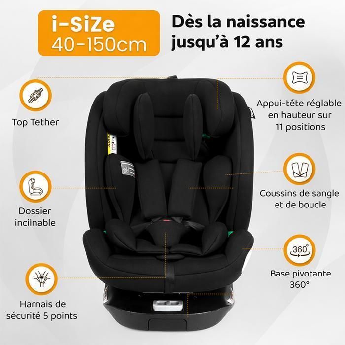 Siège auto i-Size 360° ISOFIX + Top Tether 40-150 cm, dos/face route, ECE R129, noir