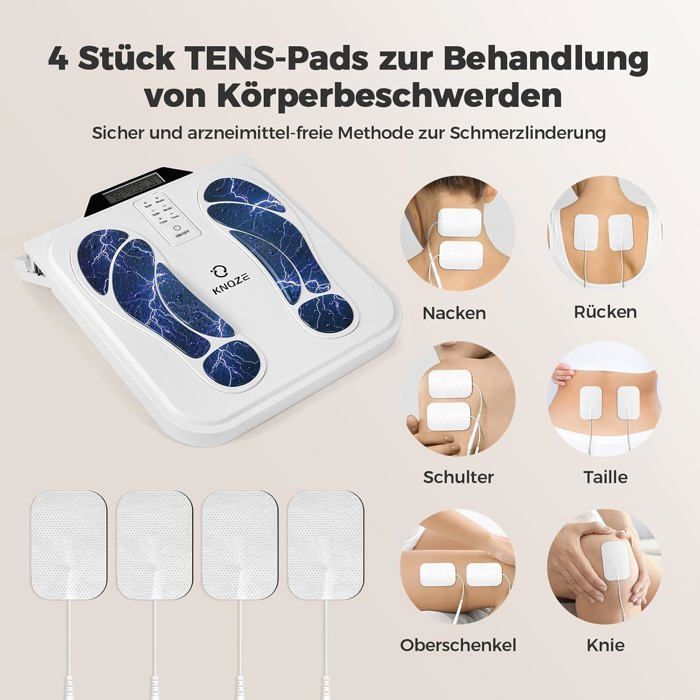 Massage pieds électrique EMS/TENS, stimulateur circulation, 10 modes, 50 intensités, 4 électrodes, anti-douleur