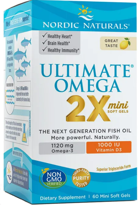 Nordic Naturals Ultimate Omega 2x Mini z Witaminą D3 1120 mg, Smak cytrynowy, Kapsułki