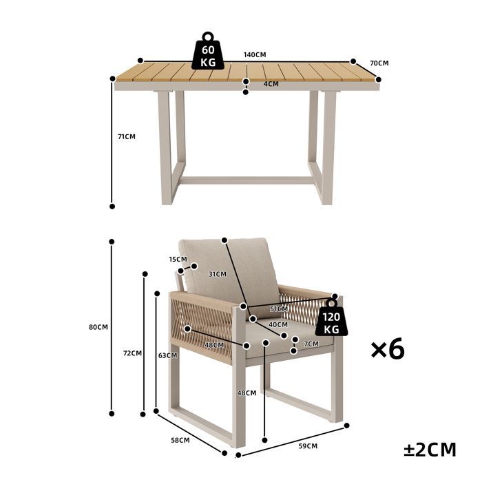 Ensemble table chaises jardin 6 places, combinable librement, avec coussins, résistant aux intempéries, 1 table 6 chaises, beige