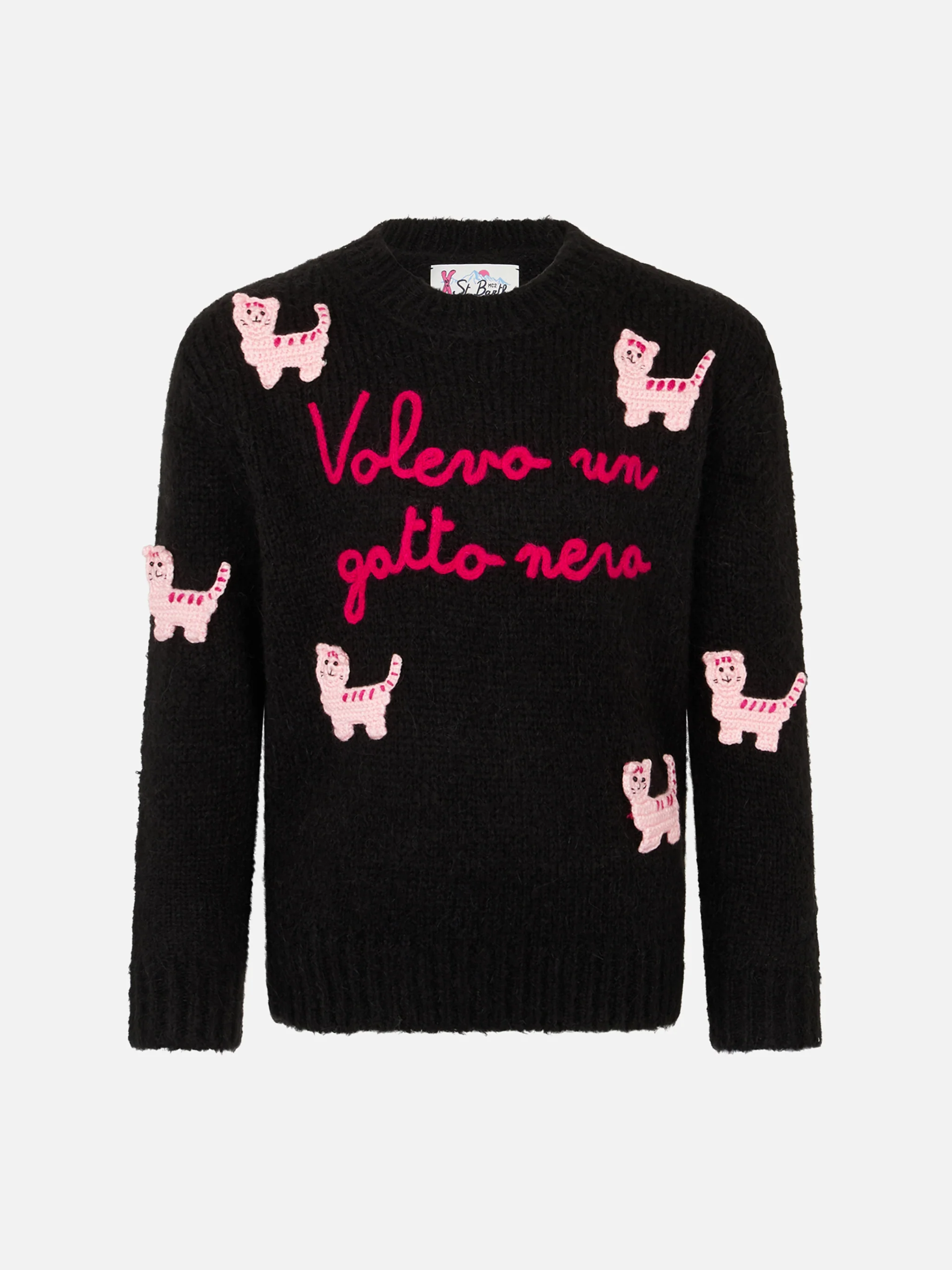 Maglione morbido a girocollo da bambina con patch gatti all'uncinetto