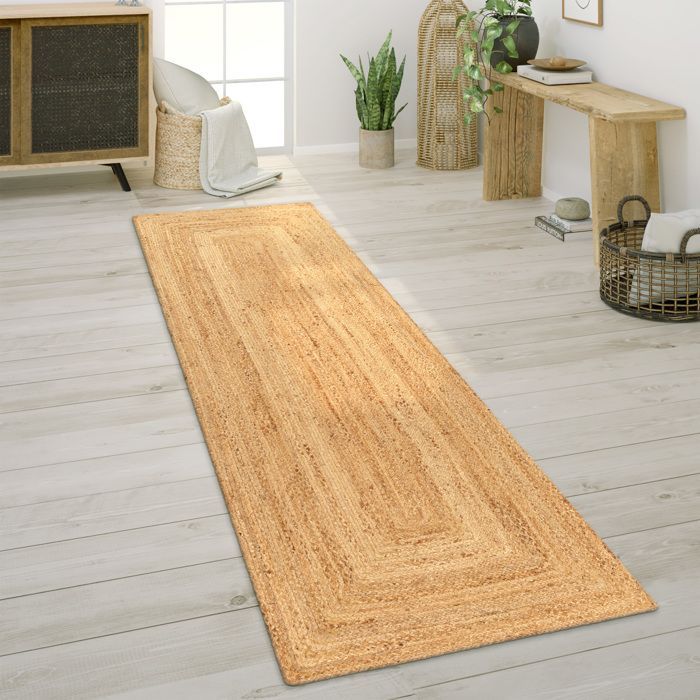 Alfombra Paco Home para salón/dormitorio, de yute con estampado geométrico estilo boho, tejida a mano, color beige natural, 60x100 cm.