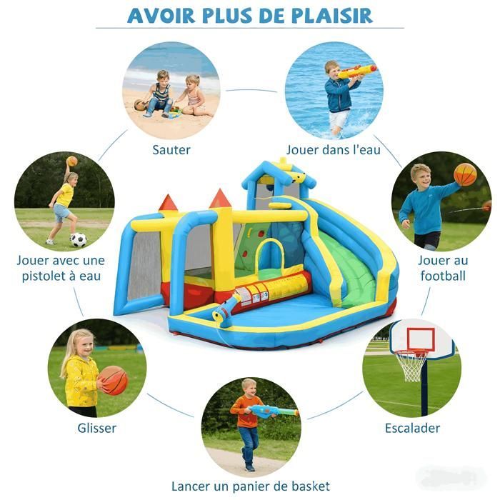 Castillo hinchable 5 en 1 para niños de 3 a 10 años, castillo hinchable exterior con tobogán, piscina y portería de fútbol, tamaño 364 × 315 × 239 cm.