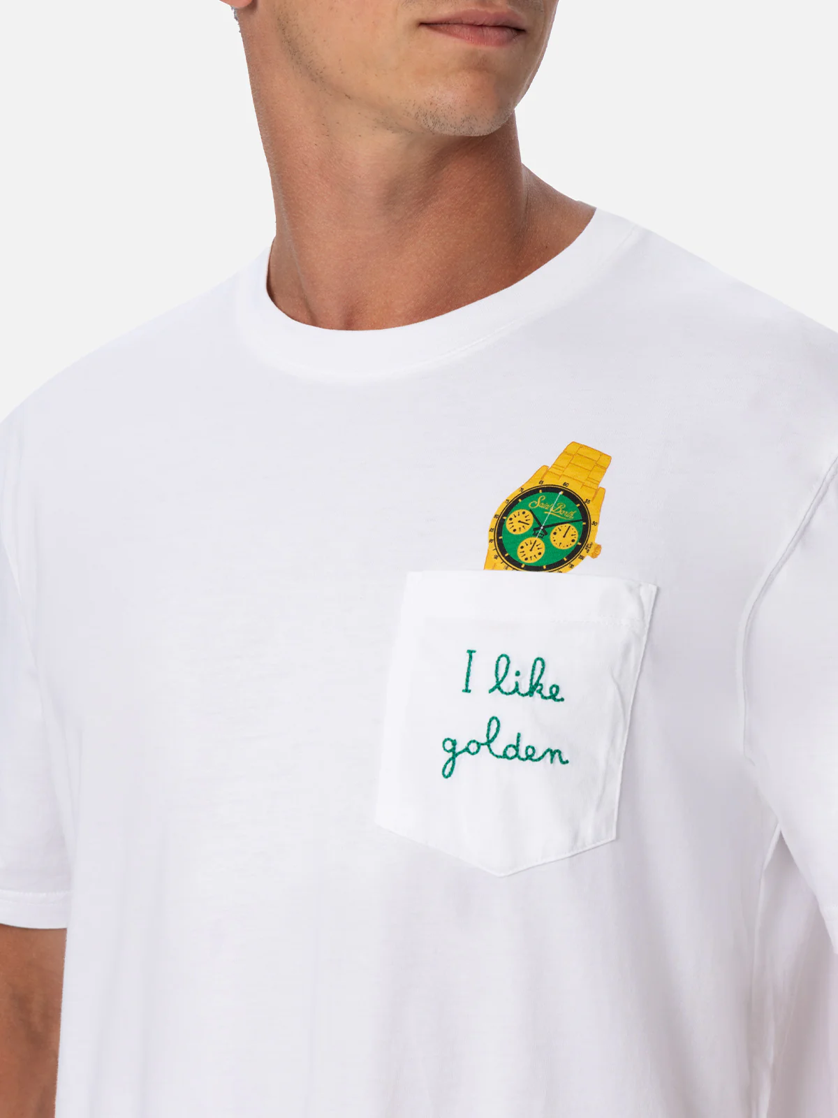 Austin T-shirt voor heren | Wit katoenen jersey met geborduurd horloge-opdruk | Saint Barth-logo | Trompe-l'oeil-design | Klassieke pasvorm | MC2 Saint Barth