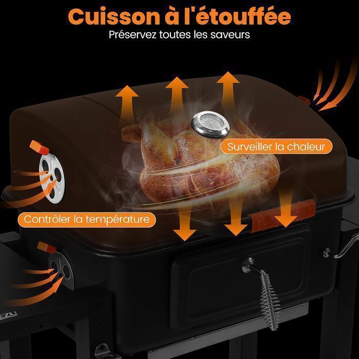 Barbecue Charbon de Bois avec Couvercle, Thermomètre, Bac à Charbon Réglable, 2 Tablettes Rabattable, Brosse de Nettoyage