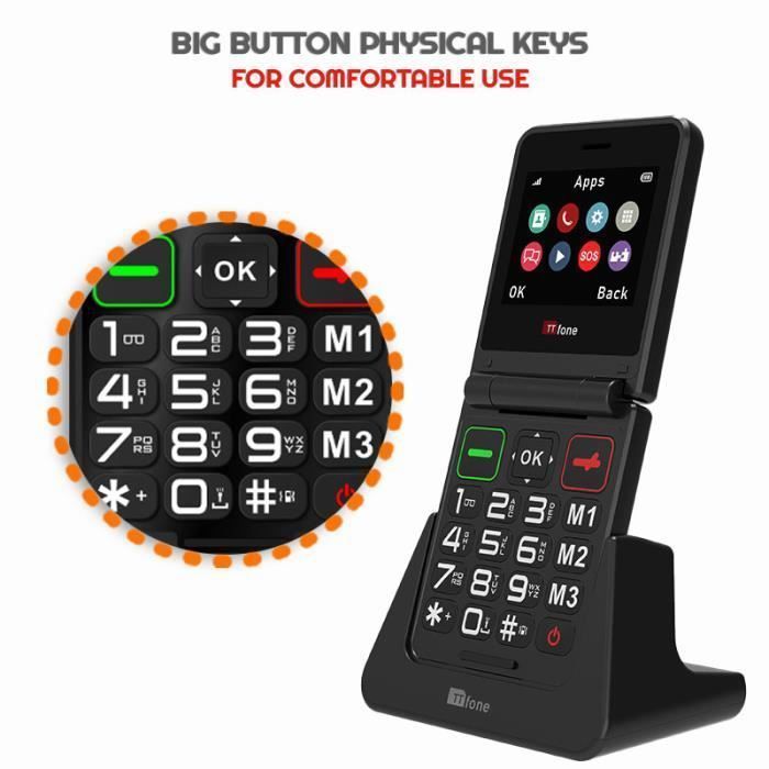 Telefono cellulare pieghevole TTfone TT660 per anziani, con tasti grandi, funzione di assistenza di emergenza, colore nero (con base di ricarica).