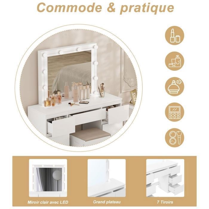 Tocador WOLTU - Espejo LED con brillo ajustable - 7 cajones grandes - Mesa de maquillaje blanca W0ETT0020