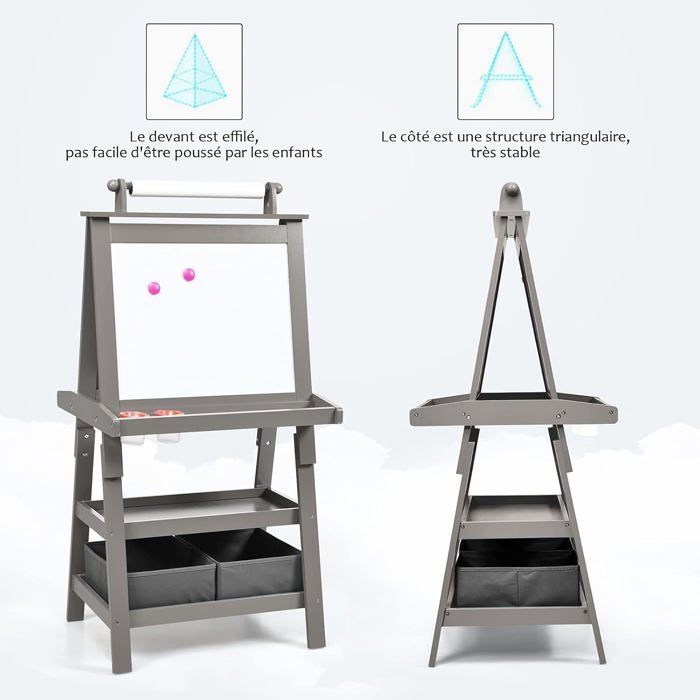 Caballete magnético infantil GOPLUS blanco/negro de 59x50x117 cm, caballete de doble cara con rollo de papel y cajas de almacenamiento, gris