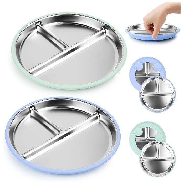 Lot de 2 Assiette Ventouse Pour Bébé,Inox Bebe Assiettes En Acier Inoxydable Avec Ventouse Pour Bébé les Tout-petits