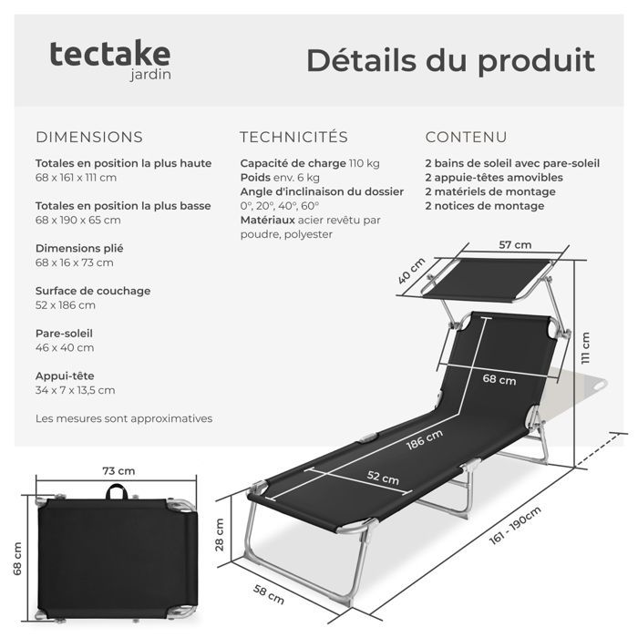 Sun loungers - TECTAKE - Set of 2 CHLOE folding sun loungers with 4 positions and headrest - Black