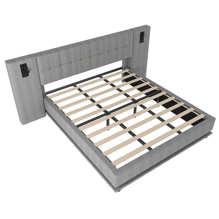 Lit adulte 180x200 cm avec Éclairage LED, Lit 180x200 cm avec lampe et Port USB, Tête de lit haute, Sommier à lattes, Lin, Gris