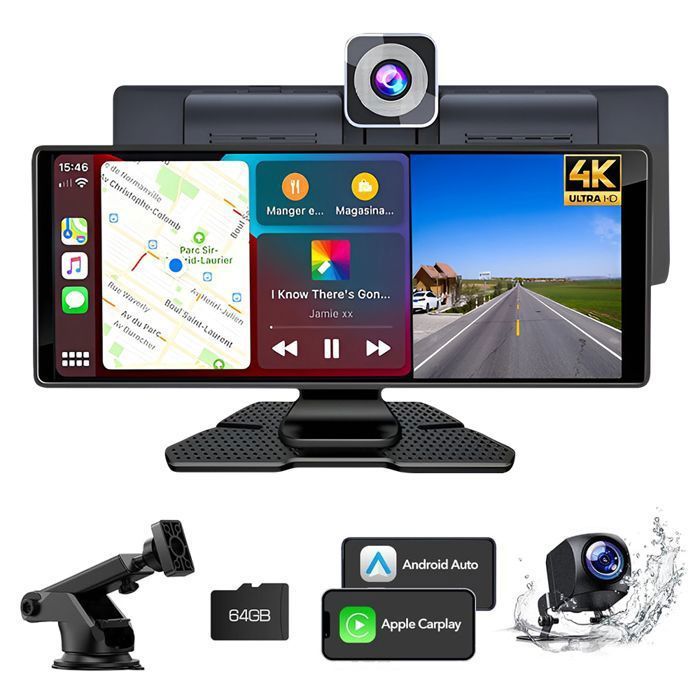 Pantalla inalámbrica CarPlay - CarPlay y Android Auto - Radio Bluetooth para coche - Cámara de salpicadero delantera y trasera 4K+1080P de 10,26'' y 64 GB