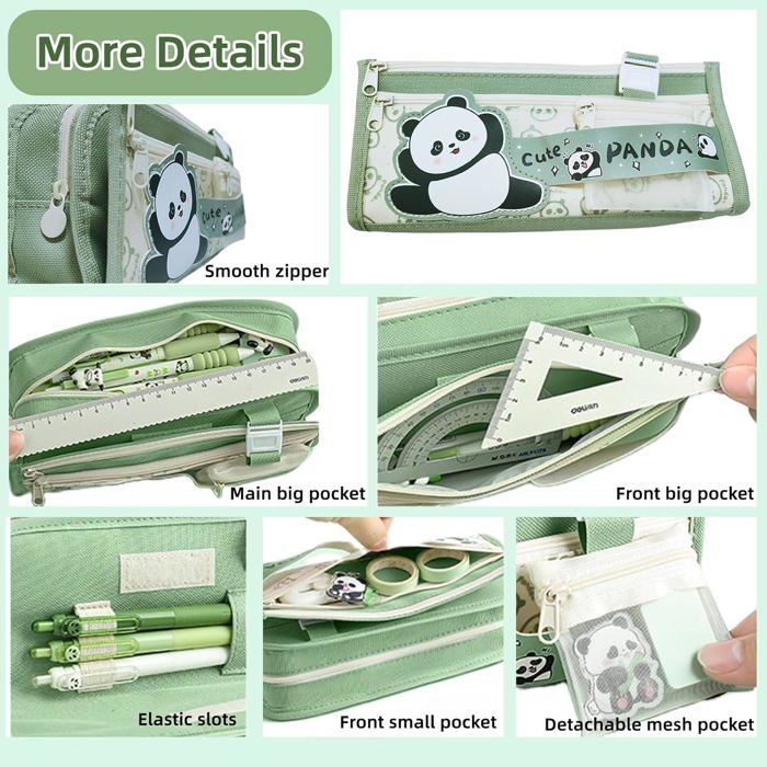 Estuche para lápices de panda, estuche para lápices kawaii, estuche para lápices de gran capacidad, estuche para lápices escolar, estuche para lápices con múltiples compartimentos, estuche para lápices verde
